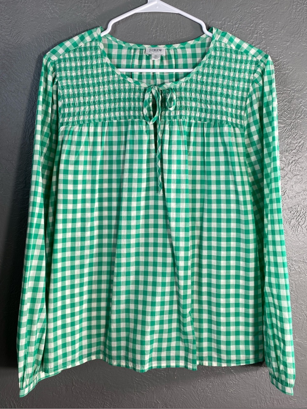 J Crew Blouse Womens XL Green Gingham Smocked Tie Neck Long Sleeve Top